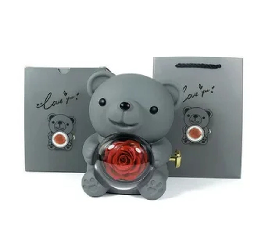 Rose Hugging Bear Gift Boxes Free Engraving Necklace Eternal Rose Rotating Flower Birthday Gift for Women