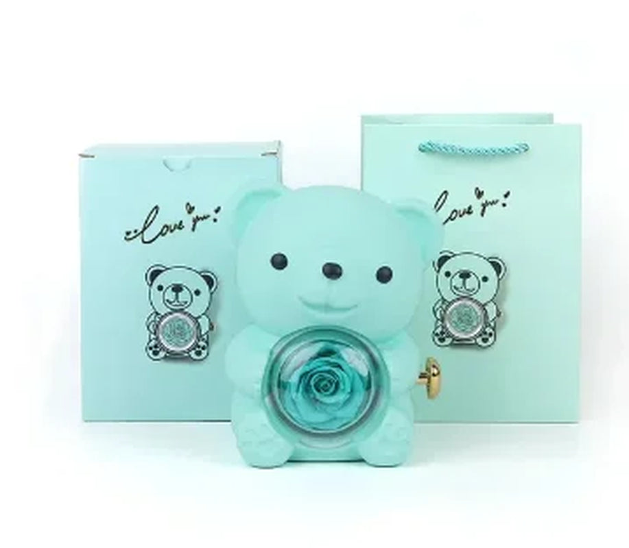 Rose Hugging Bear Gift Boxes Free Engraving Necklace Eternal Rose Rotating Flower Birthday Gift for Women