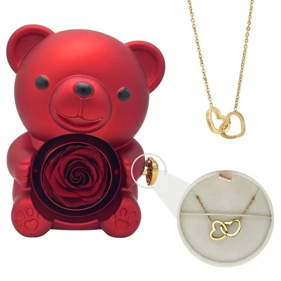 Rose Hugging Bear Gift Boxes Free Engraving Necklace Eternal Rose Rotating Flower Birthday Gift for Women